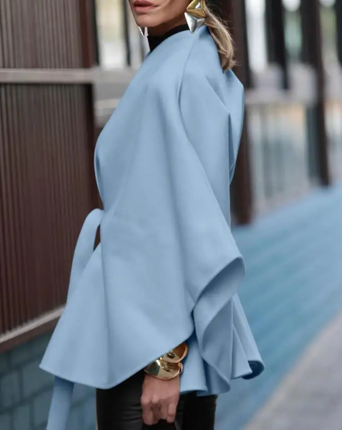 Autumn Solid Color V-Neck Women's Elegant and Fashionable Socialite Style Lace Up Jacket Solid Color Bat Sleeve Lace Up Jacket