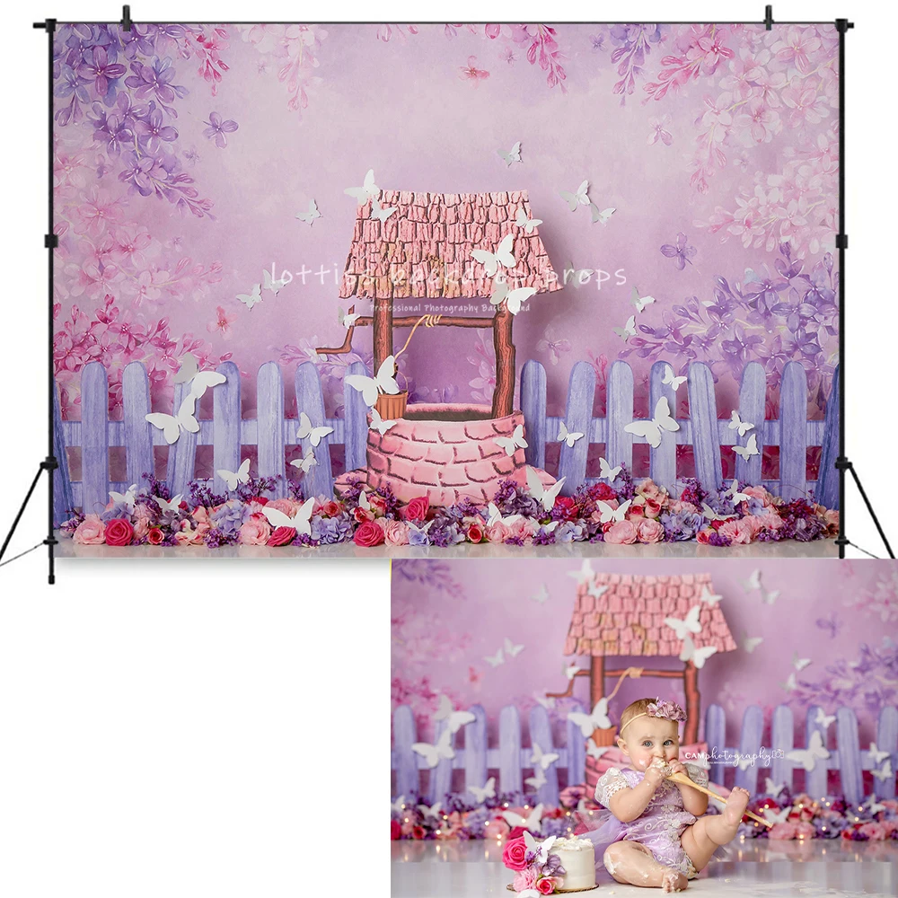 Princess Wishing Well Backdrop Kids Baby Cake Smash Birthday Props Child Adult Photocall Decors Spring Floral Background