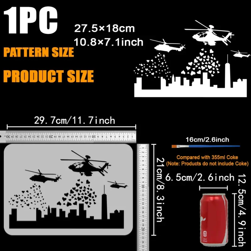 1Bag Banksy Helicopters and Hearts Painting Stencil with Plastic Paint Brush 8.3x11.7 Reusable Helicopters Pattern Template