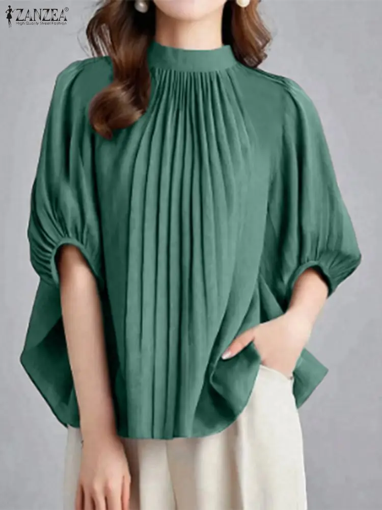 ZANZEA Camicetta elegante a pieghe da donna 2025 Top moda Casual Mezza manica a sbuffo Camicie larghe solide Colletto alla coreana Office Lady Blusas