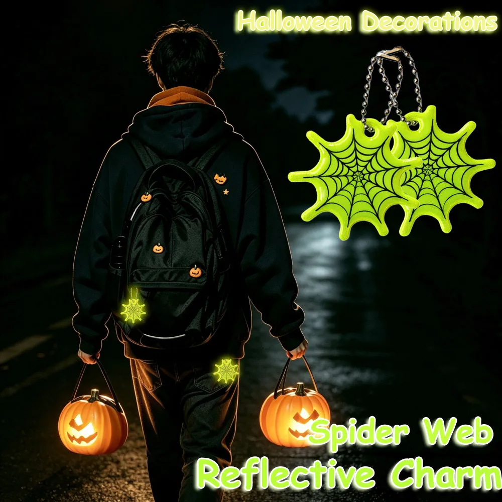 Halloween Spider Web Reflective Charm Keychain, Night Safety Reflector Backpack Ornament, Halloween Small Gift