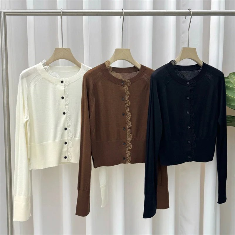 

Cardigan for women New elastic knitted slim long sleeved top for autumn 2025 wool blend Women's sweater Lace patchwork thin coat