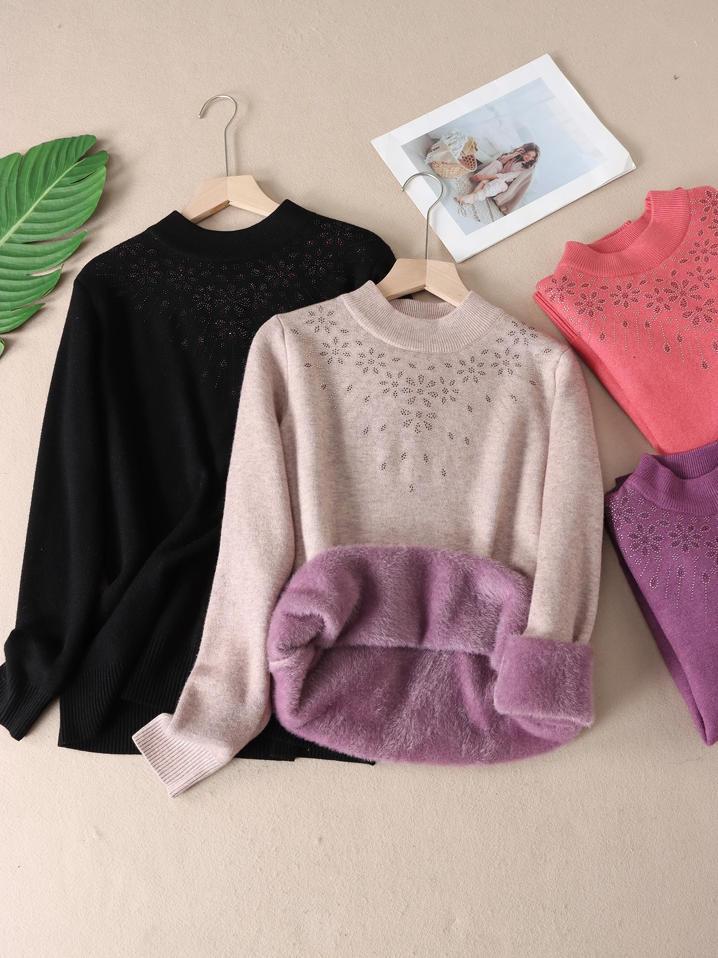 

Thiened Mom Sweater Women's Winter Faionable Knitted Long Sve Warm Base Layer WA35 Embroidered Diamond Fine Yarn