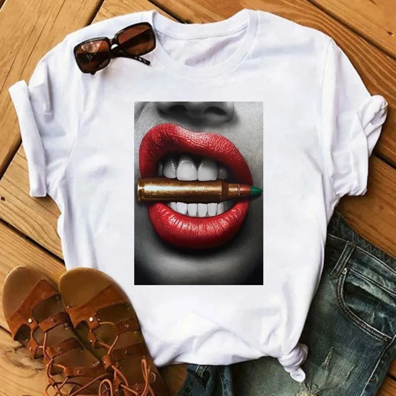 New Sexy Lips Women Tshirt Fashion Graphic Printed T-Shirt Harajuku  Ulzzang Rose Diamond Snake Lips Casual Tops Tee view 5
