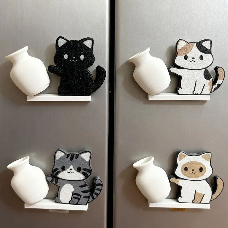 Cat Desktop Mini Ornament Kitten Push Vase Desk Table Decor Cute Magnetic Fridge Magnet Cat Whisker Beard Storage Decoration
