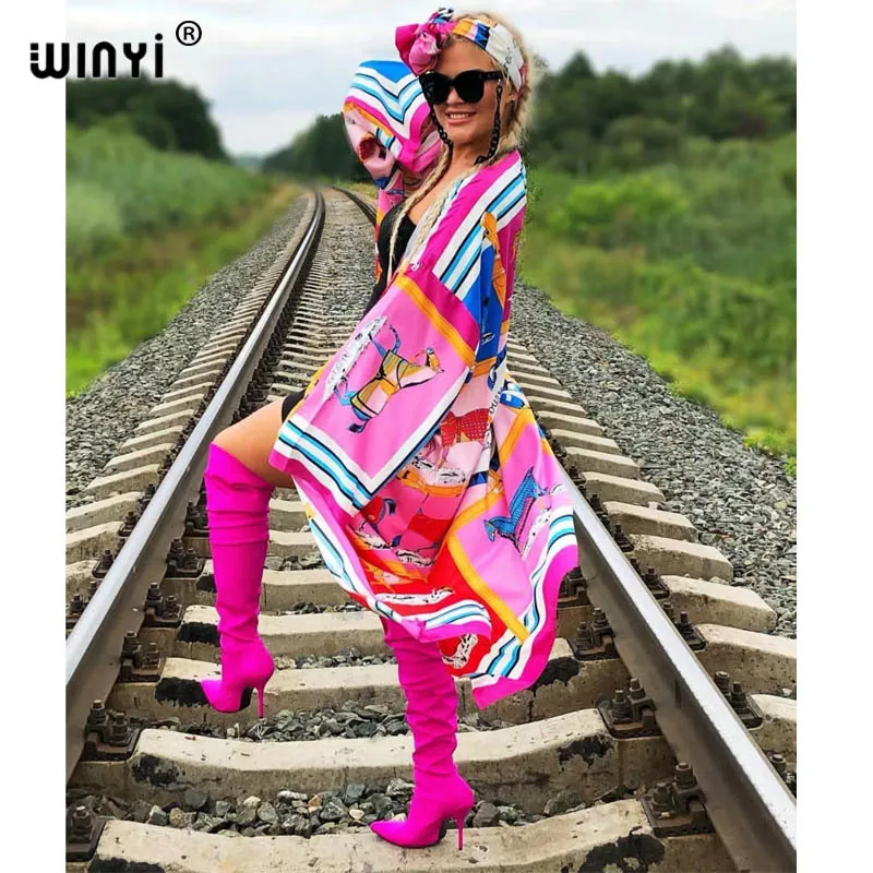 Imagem -05 - Winyi Europa Estilo Nacional Impressão Praia Boêmio Longo Cardigan Encobrimento Ponto Casual Boho Solto Feriado Quimono Cabolsa Kaftan