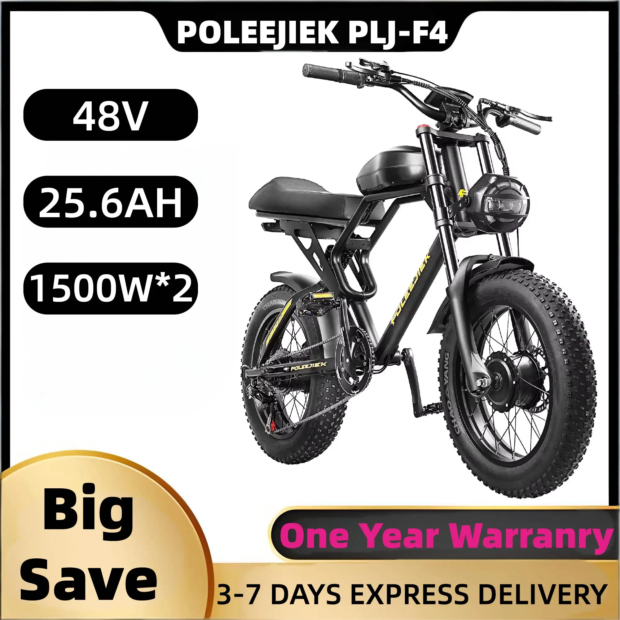 

POLEEJIEK PLJ-F4 BLACK ELECTRIC BIKE 1500W*2 48V25.6AH seven-speed transmission Maximum range of 150km and speed of 60km/h