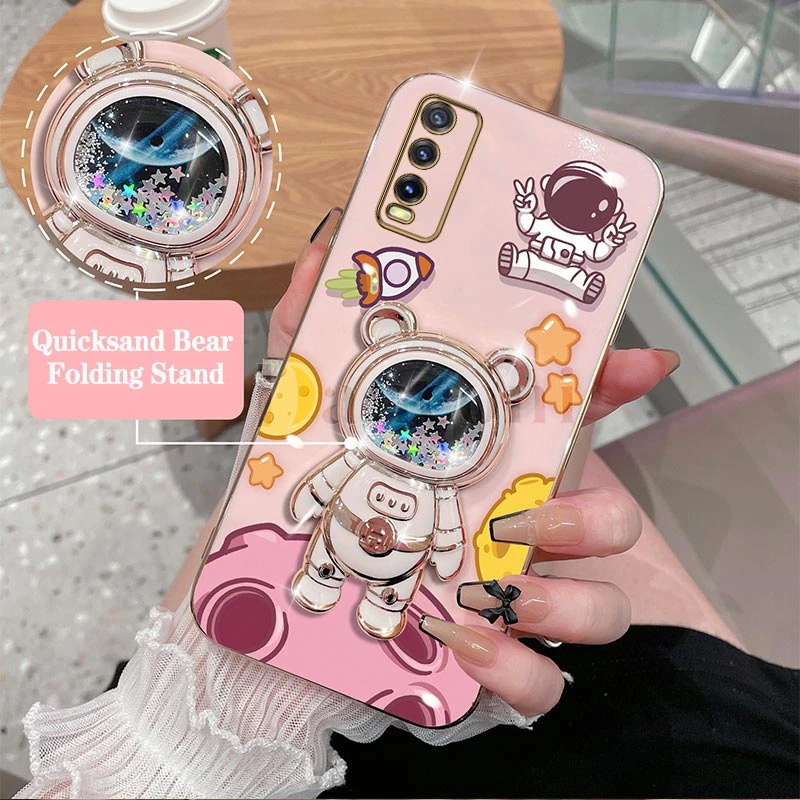 Cheering astronauts Plating Phone Holder Case For VIVO Y20 Y20i Y33T Y20S Y35 Y30 Y22 Y76 V25 Y12S Y91 Y21 Y15 V25E Cover