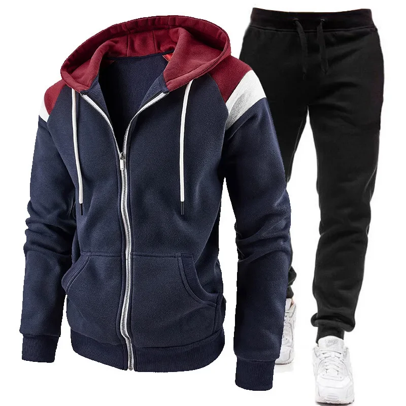 Cross-border New European and American Men's Color Matching Contrasting Fashion Men's Casual Sports Hooded Sweatshirt Suit