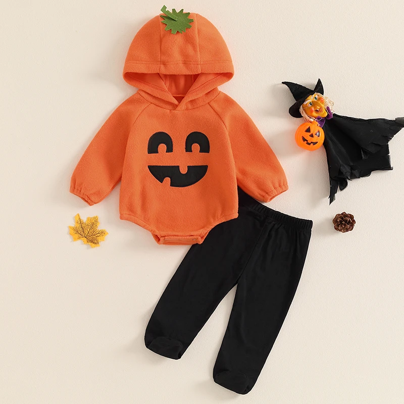 Baby Boy Pumpkin Outfit Long Sleeve Hoodies Romper And Pant Halloween Clothes Toddler Pumpkin Costume 0-2t