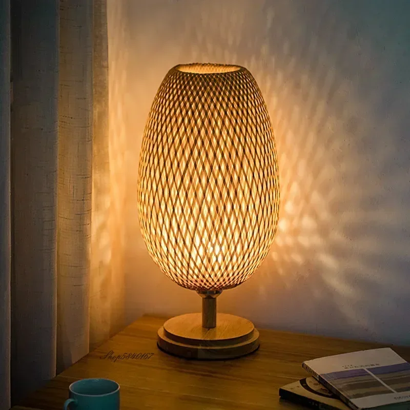 Bamboo Table Lamps Chinese Handmade Vintage Wooden Desk Lamp for Living Room Bedroom Decoration Handicrafts Light E27 Lamp