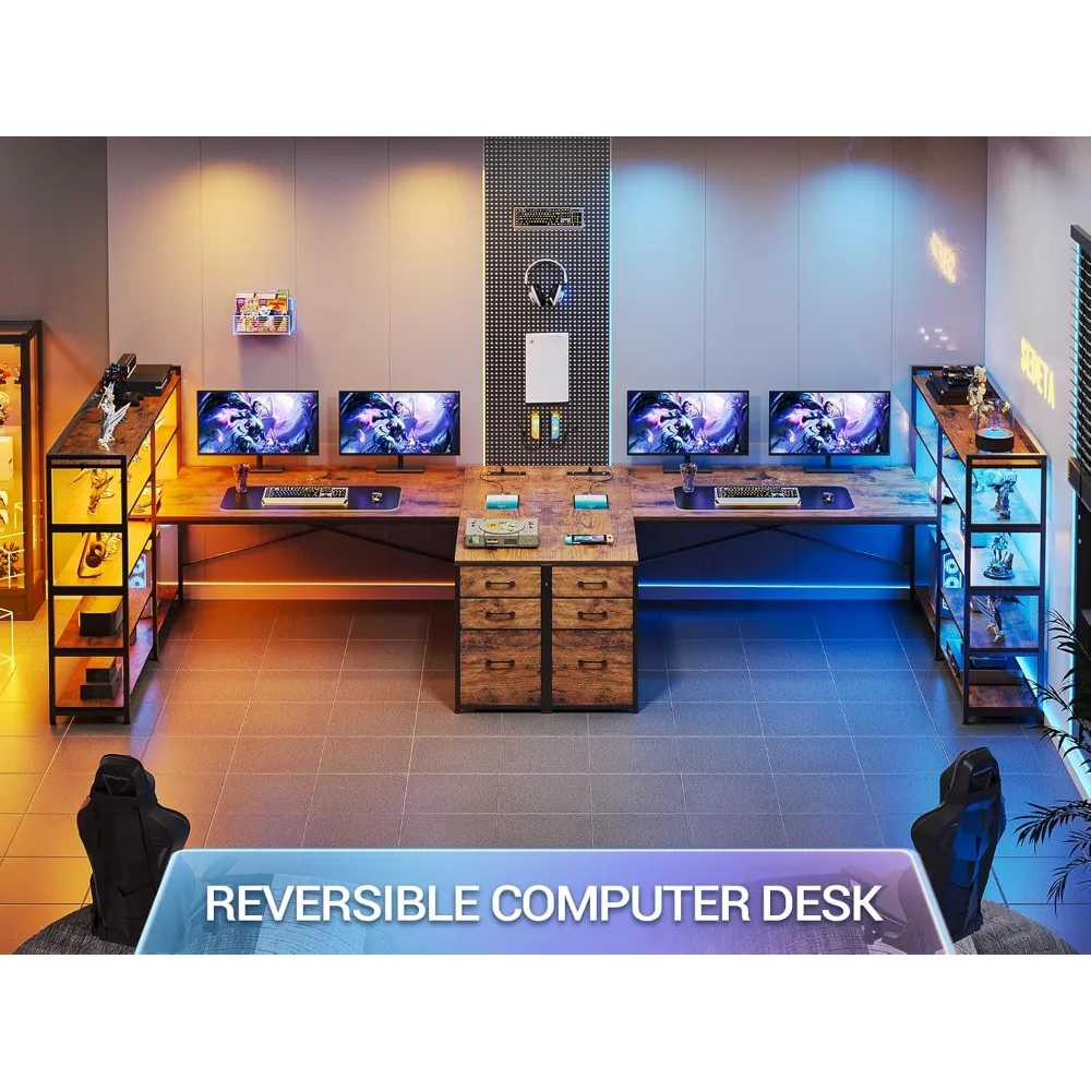 

L-shaped office desk, 64.5-inch reversible U-shaped office desk with 3 fabric drawers, gaming desk with power supply