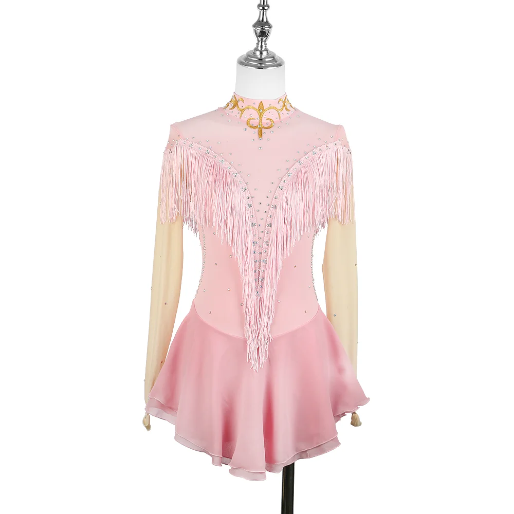 ZAGITOVA Eiskunstlaufkleid für Damen und Mädchen, langärmelig, Eislaufrock, glänzender Strass-Mesh-Rock, wunderschöne Quasten