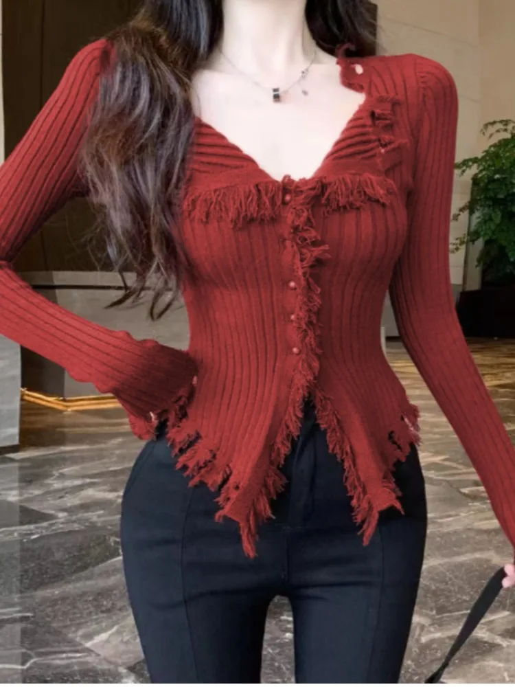 

V-Neck Tassel Knitted Sweater Women's Autumn Winter Pure Desire Spicy Girl Irregular Long Sleeve Color Button up Coat