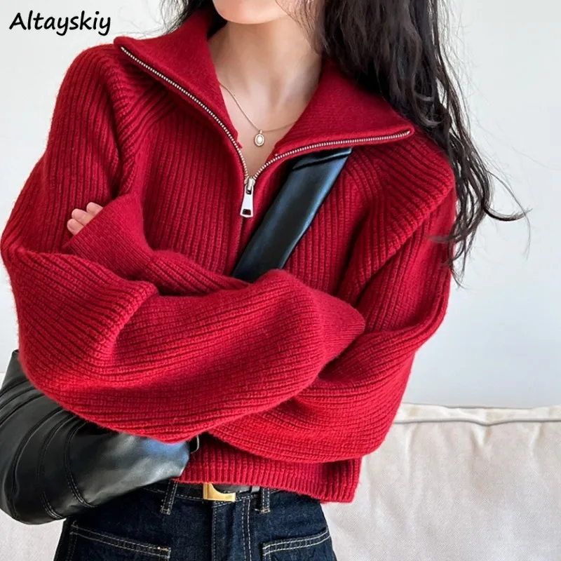 Turtleneck Pullovers for Women Zipper Long Sleeve Korean Style High Street Ulzzang Chic Girls Spring Autumn Loose Kintted Warm