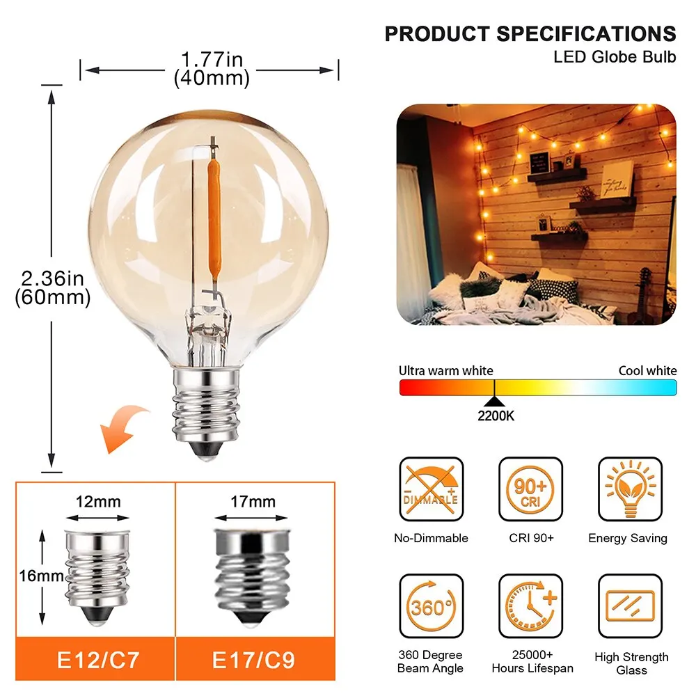 빈티지 LED 필라멘트 전구 E12 G40, 1W 호박색 유리, 10W 백열 에디슨 LED 스트링 교체 전구, 25 개