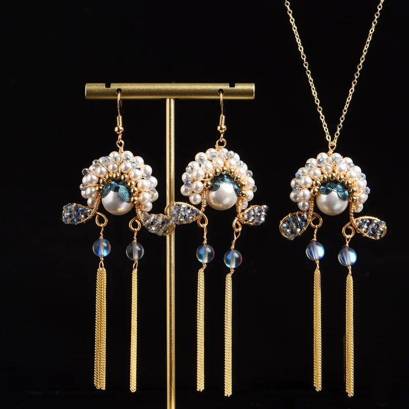 Peking Opera Earrings for Women Real Pearl Long Tassel Luxury Jewelry Necklace Ring Brooch Hairpin Set Chinese Fashion Facebook