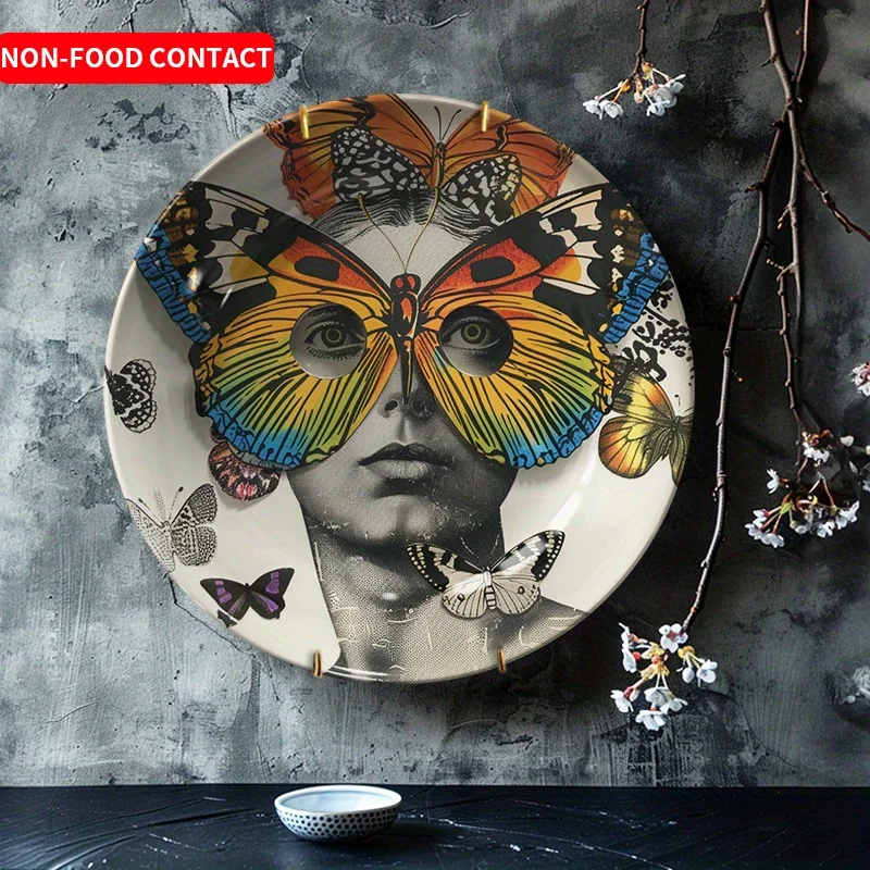 1pc Elegant Butterfly Ceramic Wall Art Plate - Vibrant Multicolor Butterfly Design, Art Deco Style Round Non-Food Contact Home