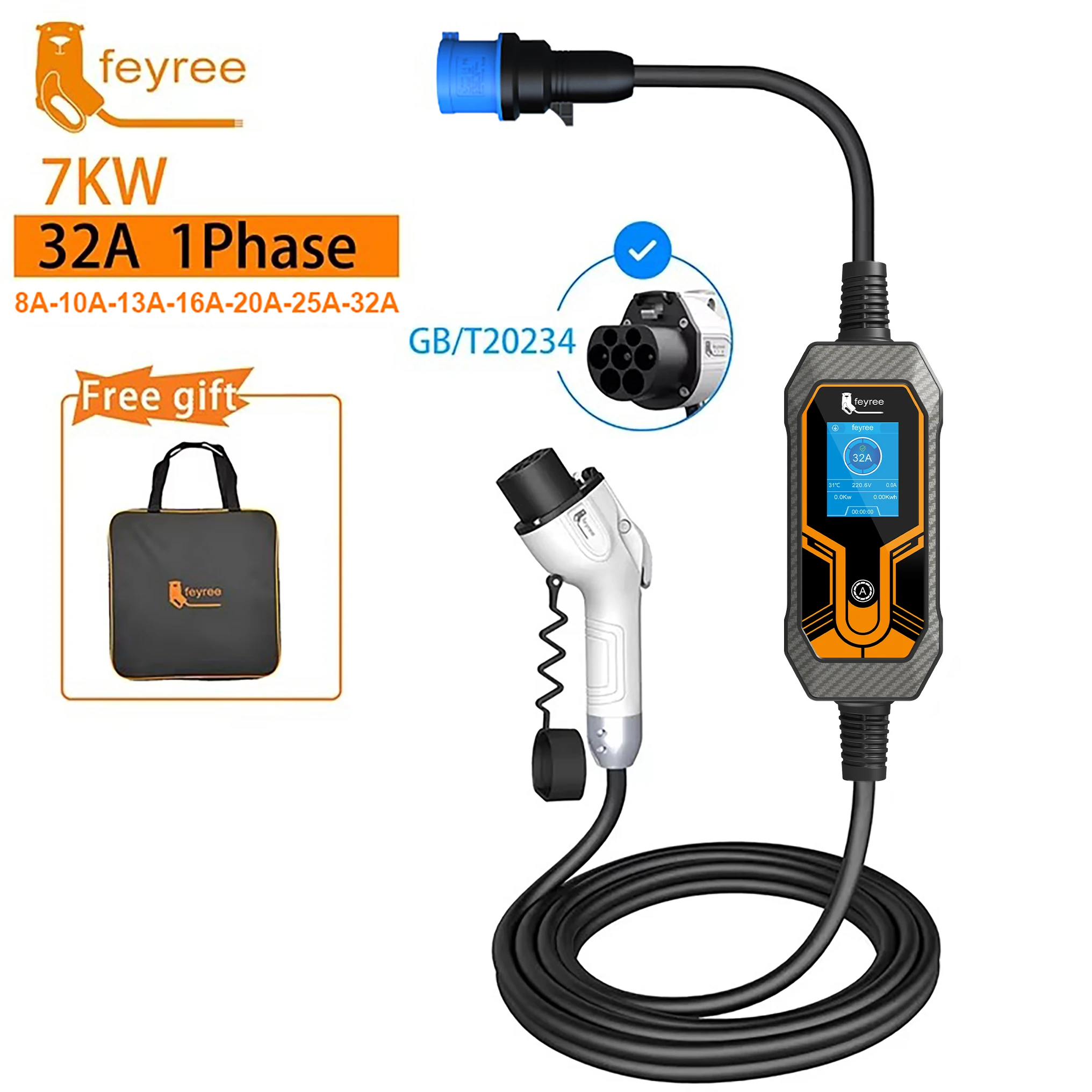 Feyree Di Động EV Sạc Wallbox GB/T Dây 16A Cáp 3.5KW 1Pha 32A 7KW Đế Sạc 11KW 3 pha Điện Cho Ô Tô