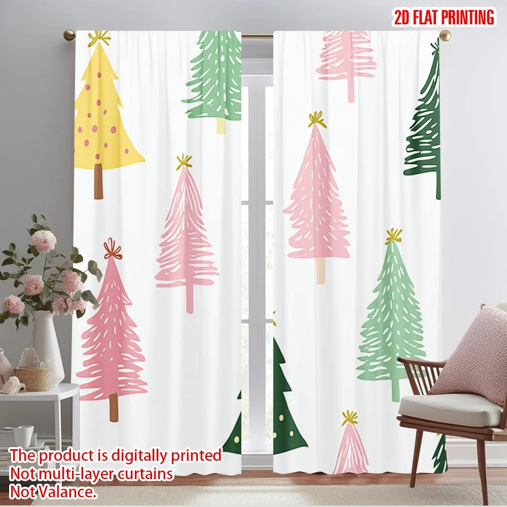 2pcs,2D plane printing Curtains Roller Blinds Cute Christmas Trees_c Polyester Woven (without rod) Home Decor Ldeal for Living
