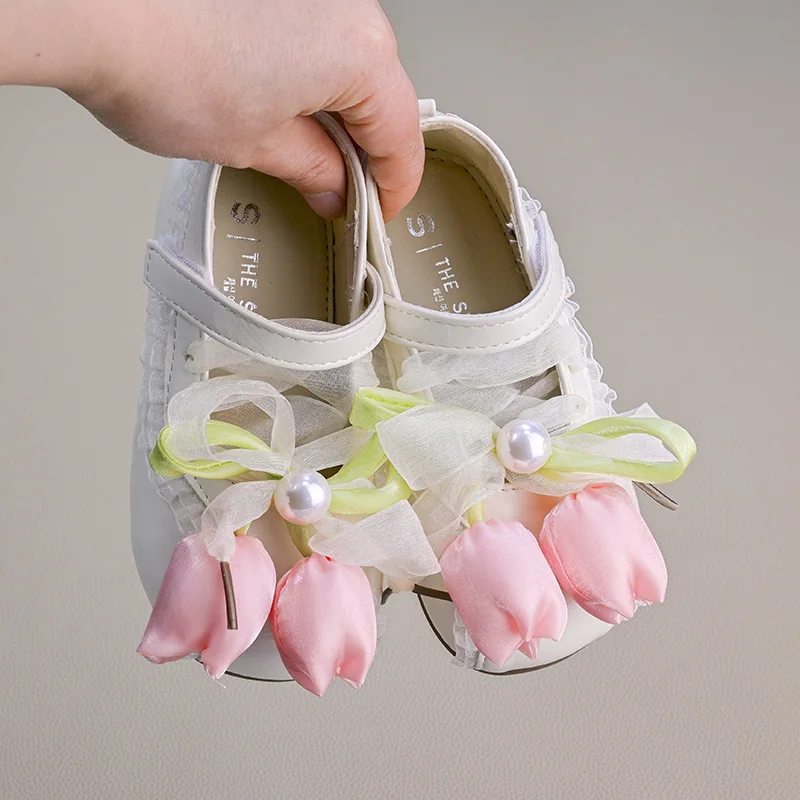 

Kids'Casual Shoes PU Soft Leather Comfortable Flats Flower Shoes For Girls Soft Bottom Anti-slip Beige Solid Color Shoes Size 23