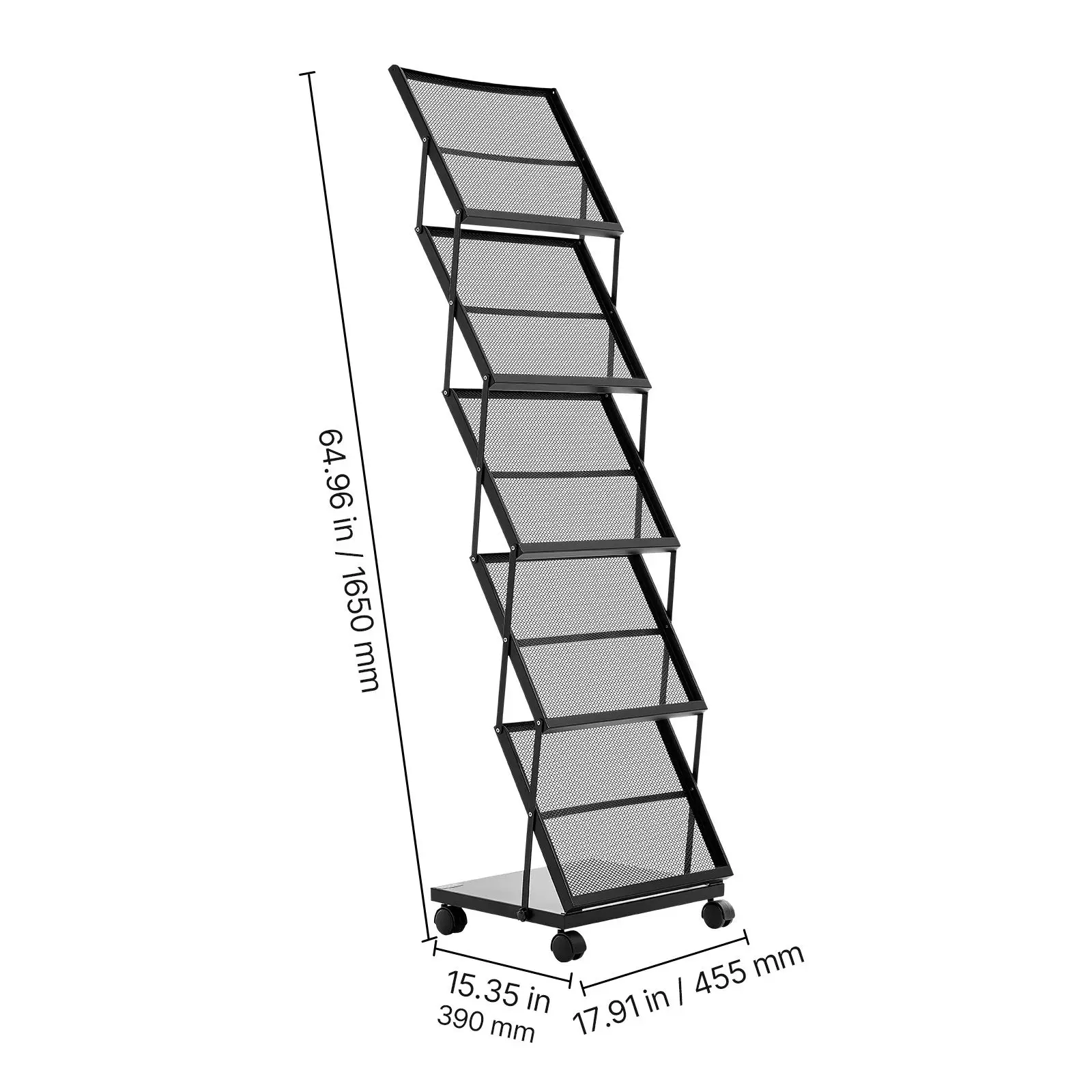 Brochure Display Rack, Foldable 5 Pockets Magazine Literature Display Stand, Movable Floor Standing Magazine Rack with Wheels, M