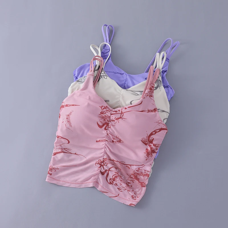 Yoga Bra Women's Beauty Back Halter Fixed One-Piece Chest Pad Sports Underwear Printed Pleated Crop Top