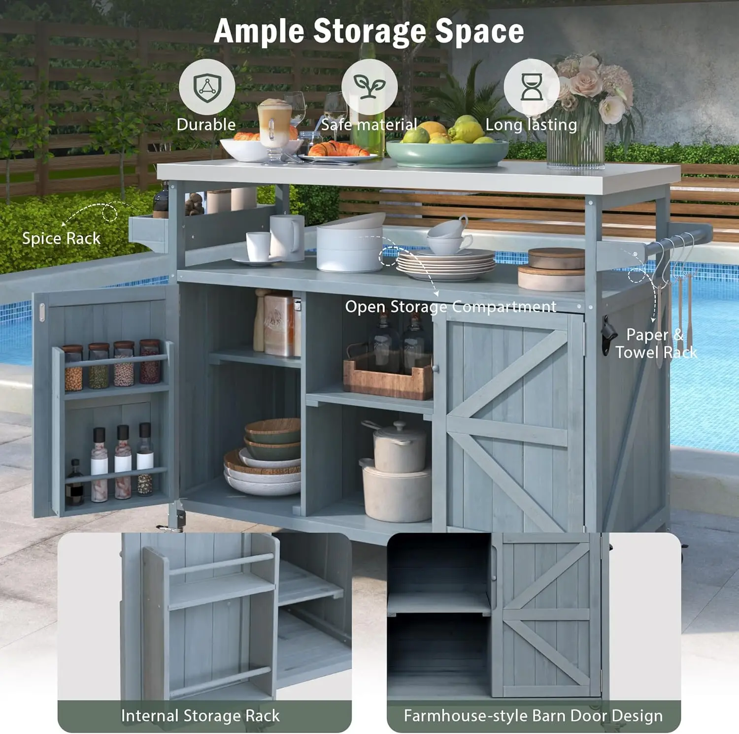 Isola da cucina per esterni, carrello e armadietti con barra avvolgibile, piano in acciaio inossidabile, portaspezie, portasciugamani da cucina e barbecue