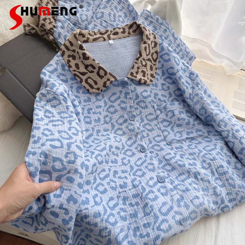 الفتيات الراقية الأزرق ليوبارد طباعة النوم مجموعة القطن الشاش الخريف منامة المرأة طويلة الأكمام اليابانية يمكن ارتداؤها ملابس المنزل الدعاوى