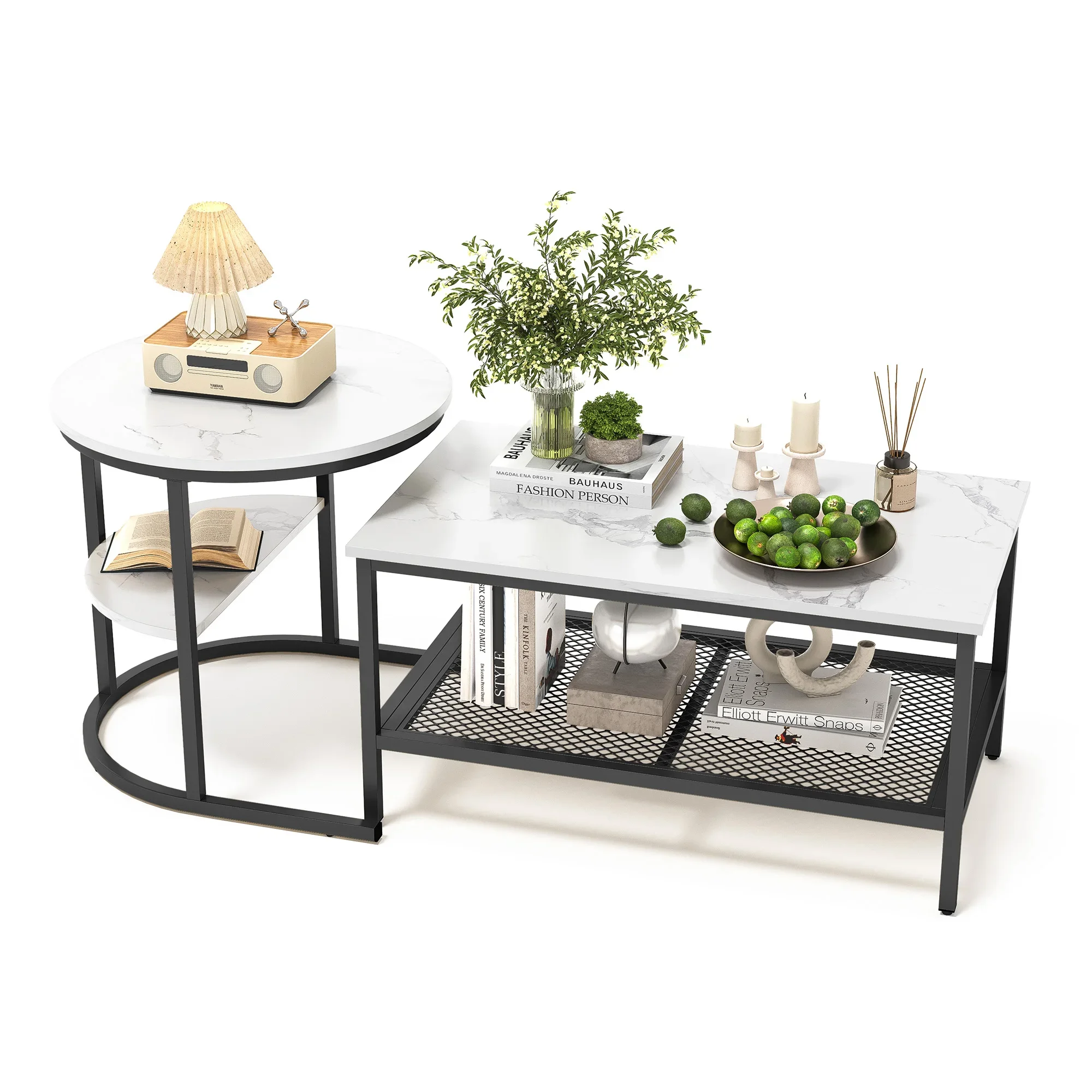 2-delige set salontafel, 2-in-1 woonkamertafel met opbergruimte, moderne banktafel, rond en rechthoekig in marmerlook