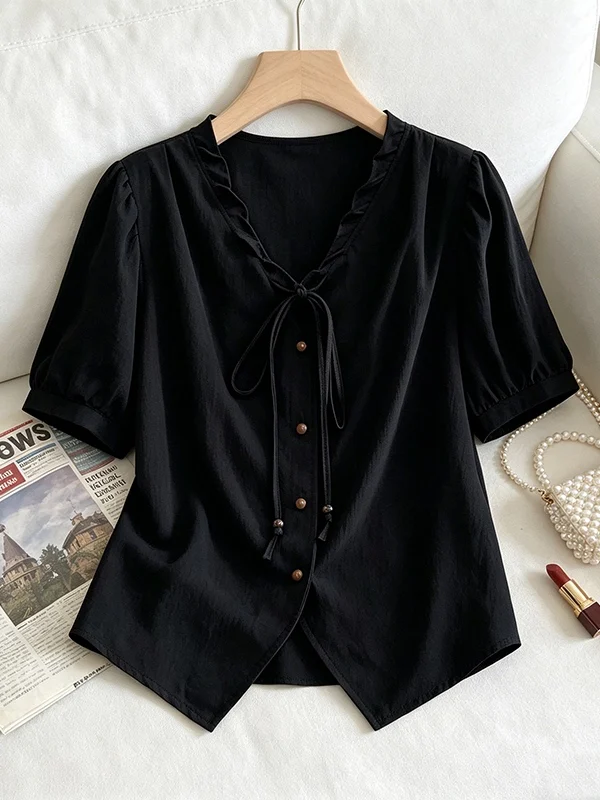

Summer New Design plus Size Women's Shirt Black V-Neck Bubble Sleeve Short Sleeve Knot Tied Design Korean Style Top