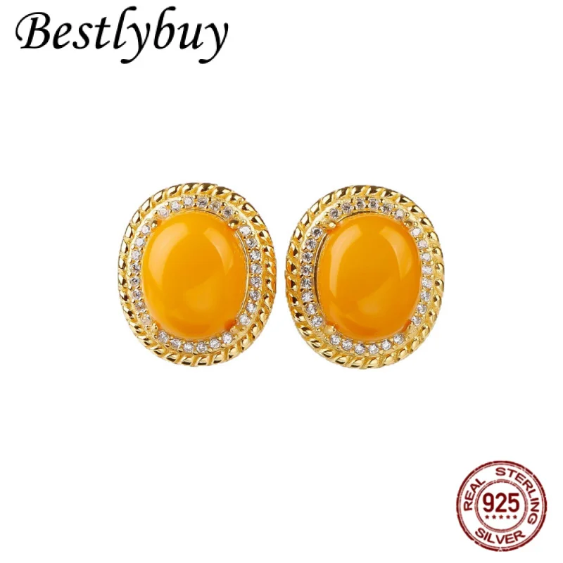 

Модный дизайн, легкие роскошные ювелирные изделия, серебро S925, позолоченные, овальные простые серьги из натурального медового воска, женский модный подарок