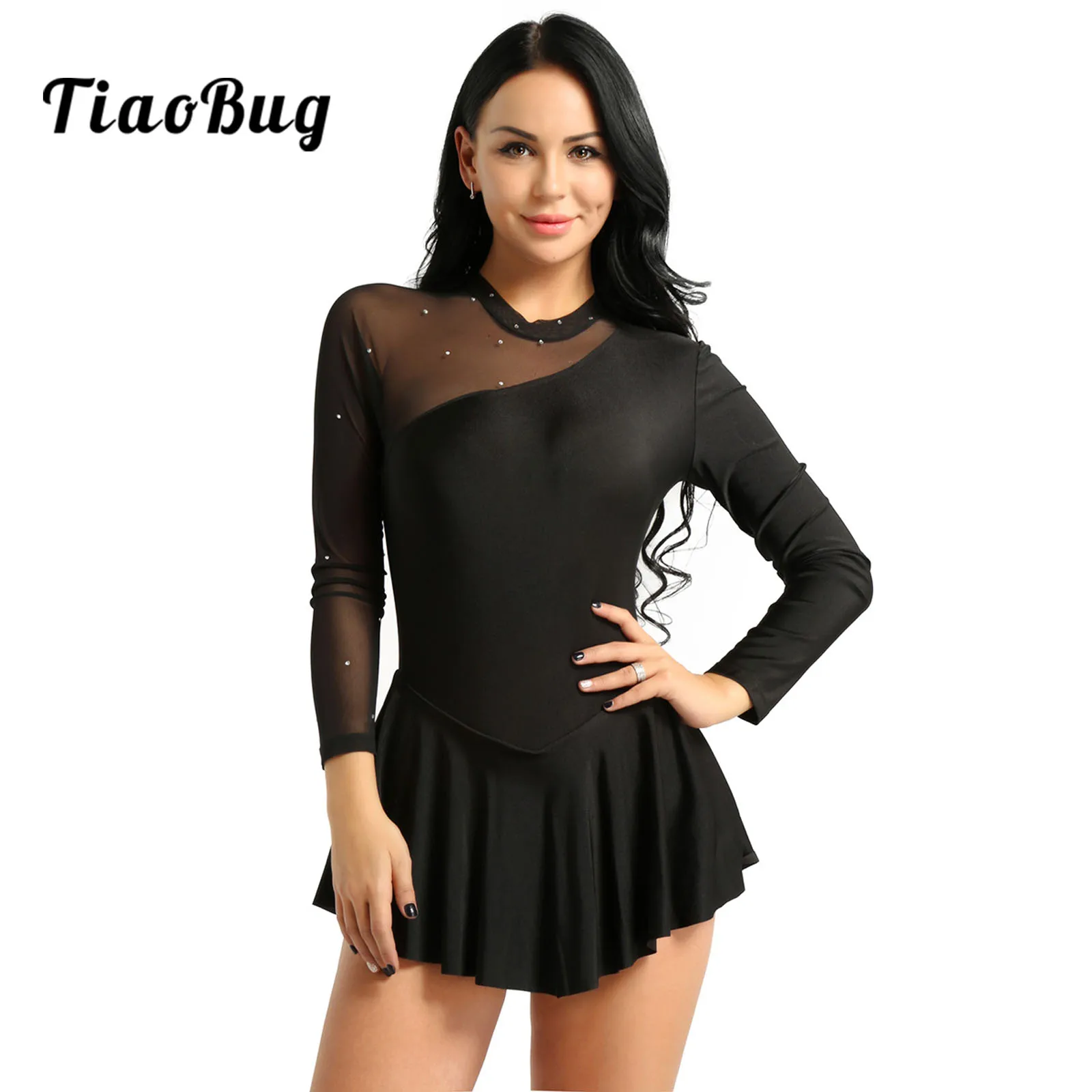 Women Adult Long Sleeve Figure Skating Dress Shiny Rhinestone Sheer Mesh Tutu Ballet Gymnastics Dance Leotard Dress Dancewear