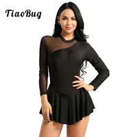 Women Adult Long Sleeve Figure Skating Dress Shiny Rhinestone Sheer Mesh Tutu Ballet Gymnastics Dance Leotard Dress Dancewear