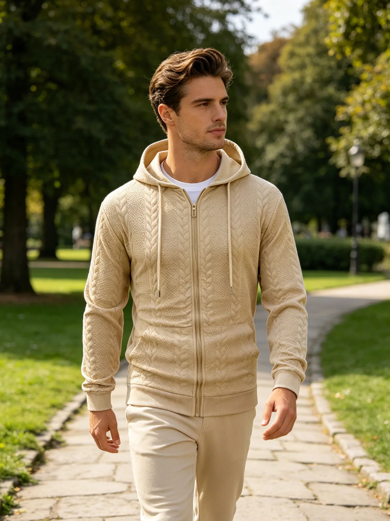 Relaxed Fit Cable Jacquard Knit Hooded Jacket For Men Smooth Full Zipper Adjustable Hood Functional Kangaroo Pockets Ribbed