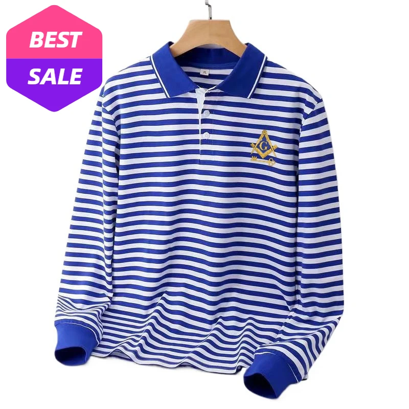 

International Freemasons Masonic Stripes Polo Shirts New 100% Cotton Long Sleeve Sailor Striped T-Shirt Mens Mason Tee