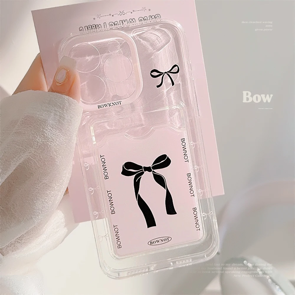 Luxury Lnsert Card Bag Black Bow Tie Phone Case for iPhone 15 14 13 12 11 Pro Max Plus Transparent Fine Hole Bumper Cover