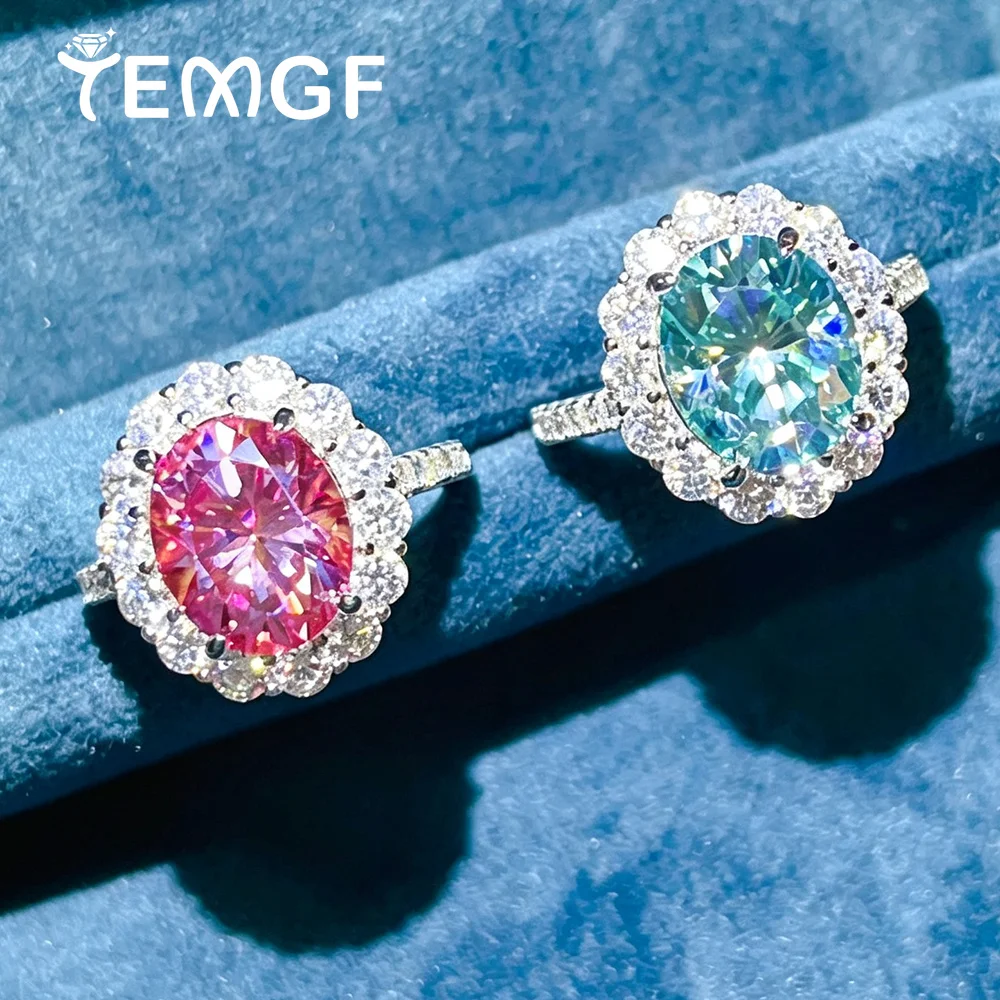 5CT Oval Cut Halo Moissanite Engagement Rings for Women Sparkling Colorful Lab Diamond S925 Silver Wedding Band Bridal Jewelry
