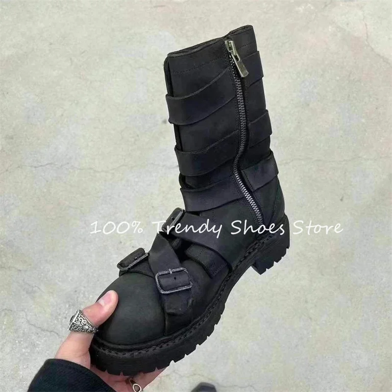 

Retro Cross Strap Belt Buckle Women Motorcycle Boots Chunky Bottom Square Heel Chelsea Boots Punk Style Ladies Mid-Calf Boots
