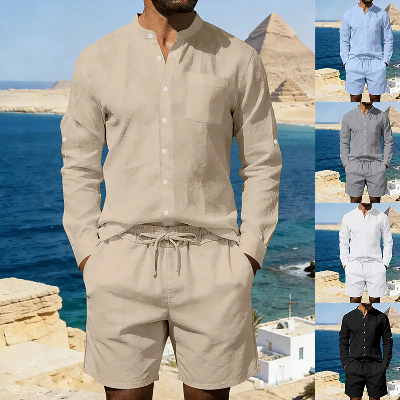 

Men's Spring Summer Linen 2-Piece Set American Casual Loose Long Sleeve Shirt & Shorts Breathable Lightweight Daily Wear for Men