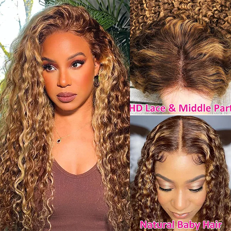 250% densité longue lâche vague profonde perruque miel blond reflets 13x4 dentelle avant perruque P4/27 Ombre mettre en évidence vague profonde Transparent La