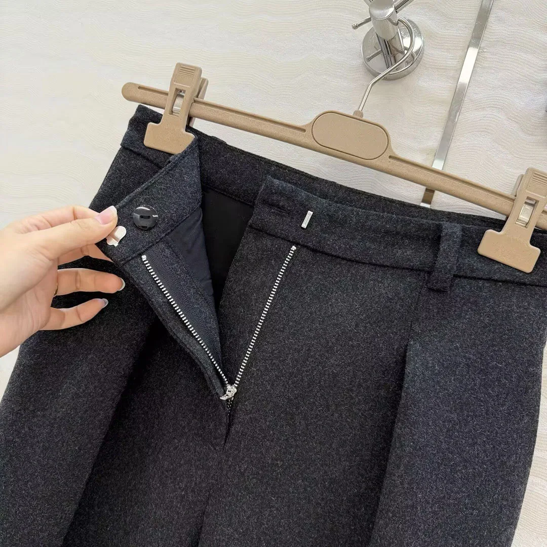 New Autumn Winter Elegant Fashion Woolen Cashmere Suit Pants Women High Waist Folds All-matched Casual Loose Work Wear Trousers