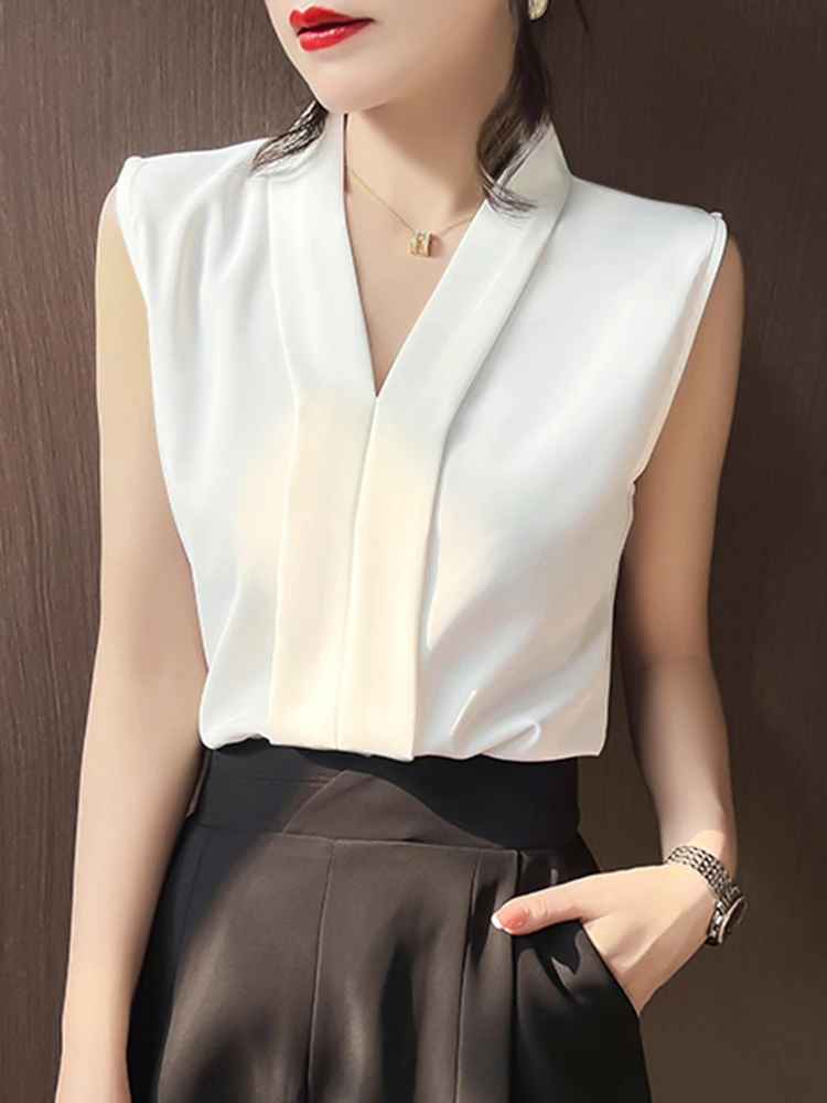 2024 Summer Office Lady Style Shirts Women Sleeveless Women Blouse Shirts Tops Elegant Tops Blusas Femme Blouses Black White