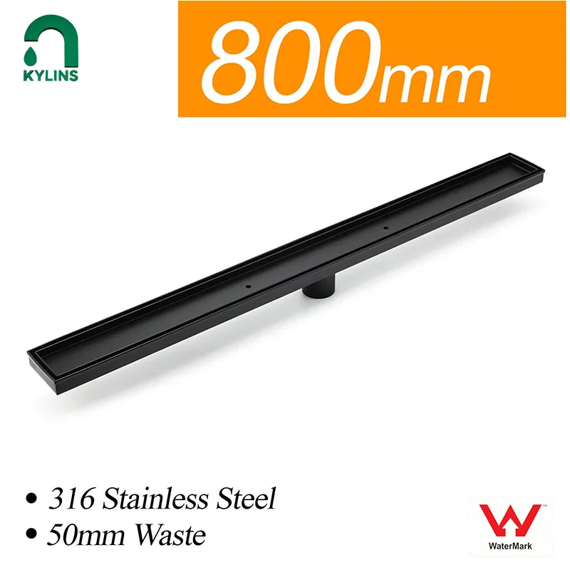 **Sydney Stock** KYLINS 800mm Floor Drain Shower Grate Tile Insert 50mm Waste drainer bathroom Matte Black WaterMark