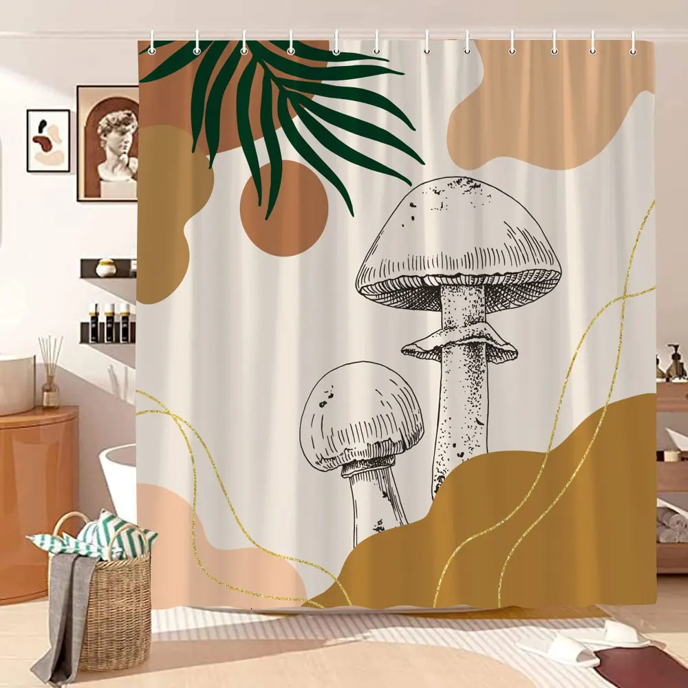 Vintage Mid Century Mushroom Shower Curtain Bohemian Botanical Floral Abstract Line Polyester Fabric Bath Curtain Bathroom Decor