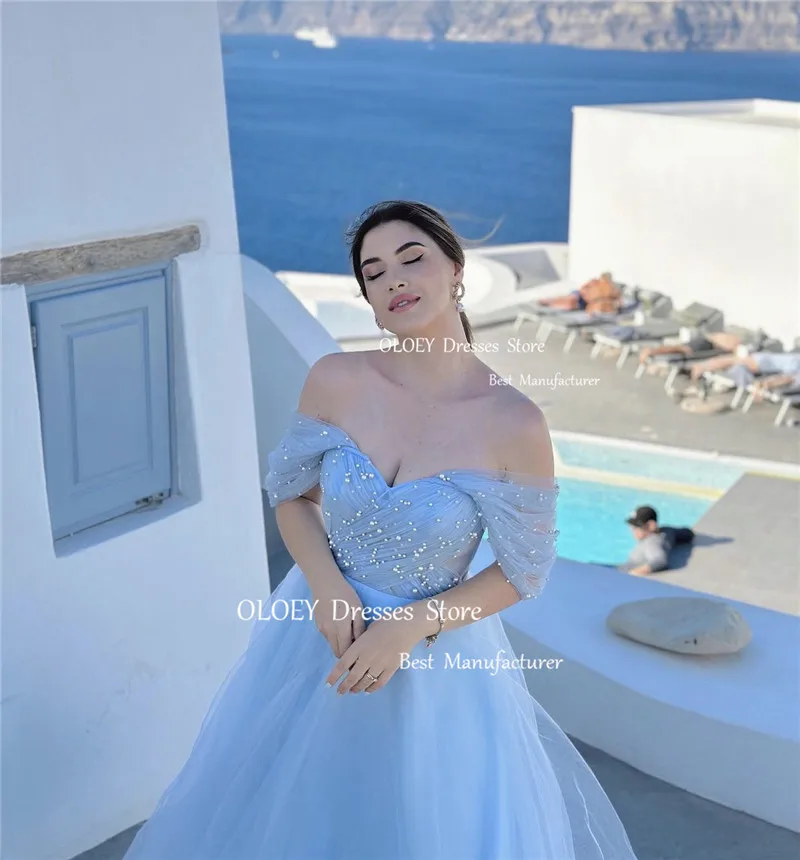 OLOEY Sexy Off the Shoulder Light blue Prom Dresses Pearls Sweetheart Tulle Ankle Length Women Evening Gowns Wedding Party