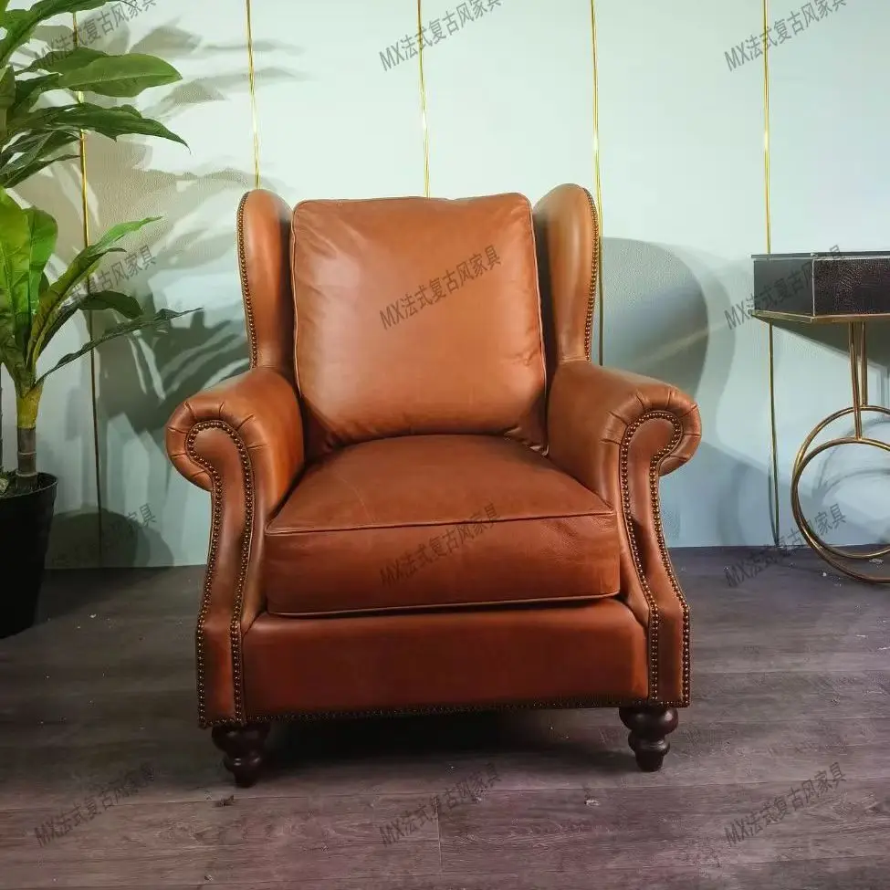 American Classic Tiger Chair Vintage Waxed Leather Single Sofa Chair, Retro Cigar Room Whiskey Lounge Chair