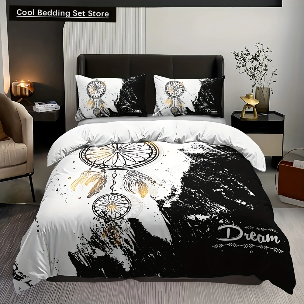 Chic Black & White Dreamcatcher Bedding Set-Breathable Soft Easy-Care 3-Piece Duvet Cover Pillowcases for All-Season Comfort