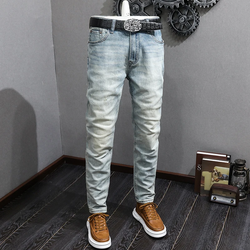 Fashion Designer Men Jeans High Quality Retro Light Blue Stretch Slim Fit Ripped Jeans Men Vintage Casual Denim Pants Hombre