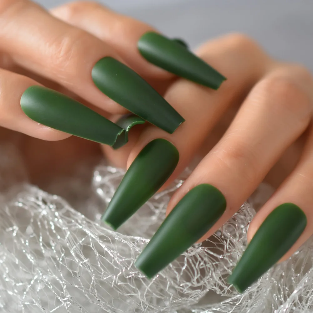 24 pçs/set dicas de unhas falsas fosco cobertura completa super longo ballet unhas falsas verde oliva ferramentas manicure francesa 1 folha cola adesivo